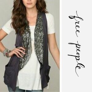 Free People Navy Sequined Open Front Long Vest with pockets Vintage Y2K